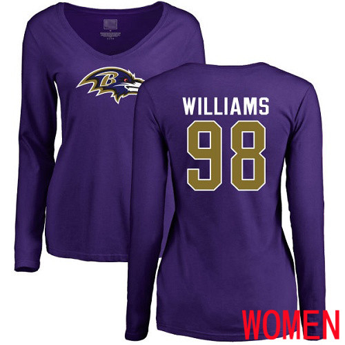 Baltimore Ravens Purple Women Brandon Williams Name and Number Logo NFL Football #98 Long Sleeve T Shirt->nfl t-shirts->Sports Accessory